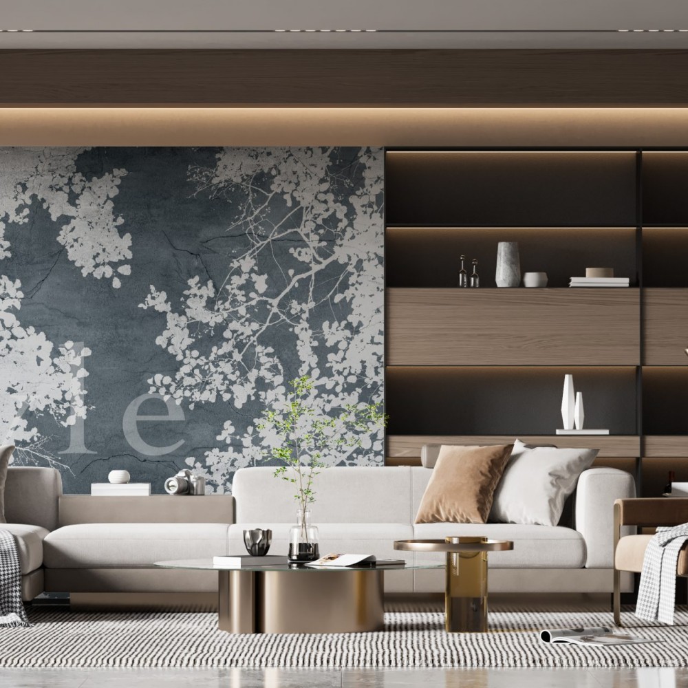 Antrasit Mermer Dokulu ve Beyaz Ağaç Silüetli Duvar Kağıdı