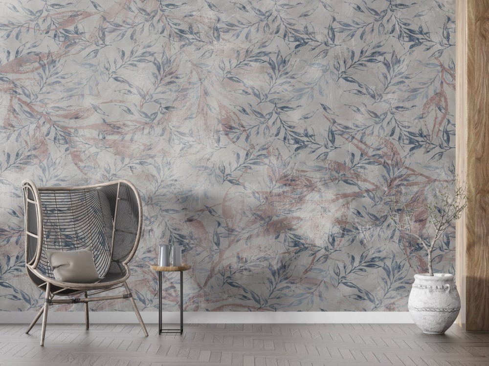 Vintage Stil Naturel Yaprak İllüstrasyonlu ve Gri-Pudra Geçişli Duvar Kağıdı