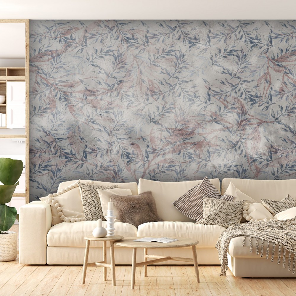 Vintage Stil Naturel Yaprak İllüstrasyonlu ve Gri-Pudra Geçişli Duvar Kağıdı
