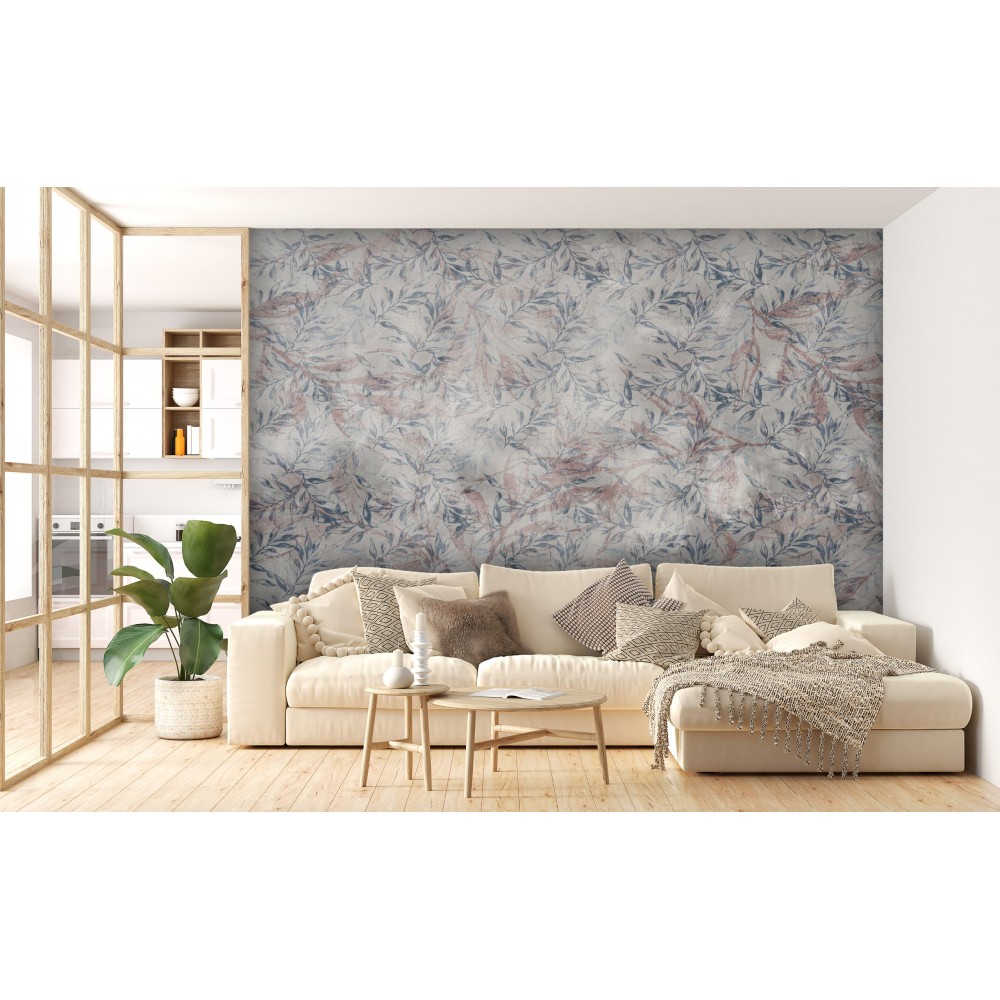 Vintage Stil Naturel Yaprak İllüstrasyonlu ve Gri-Pudra Geçişli Duvar Kağıdı