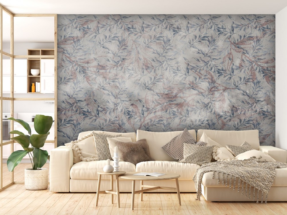 Vintage Stil Naturel Yaprak İllüstrasyonlu ve Gri-Pudra Geçişli Duvar Kağıdı