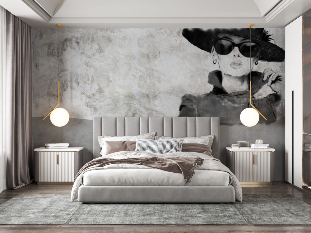 Şapkalı Kadın Figürlü Eskiz Tarzı Loft Duvar Kağıdı