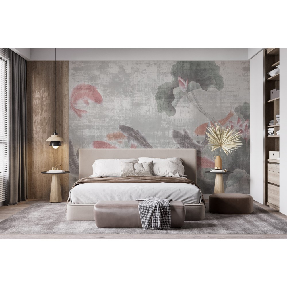 Eskitme Dokulu Japon Koi Balıkları ve Lotus Temalı Duvar Kağıdı