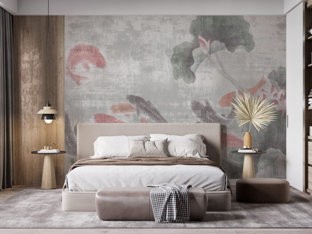 Eskitme Dokulu Japon Koi Balıkları ve Lotus Temalı Duvar Kağıdı