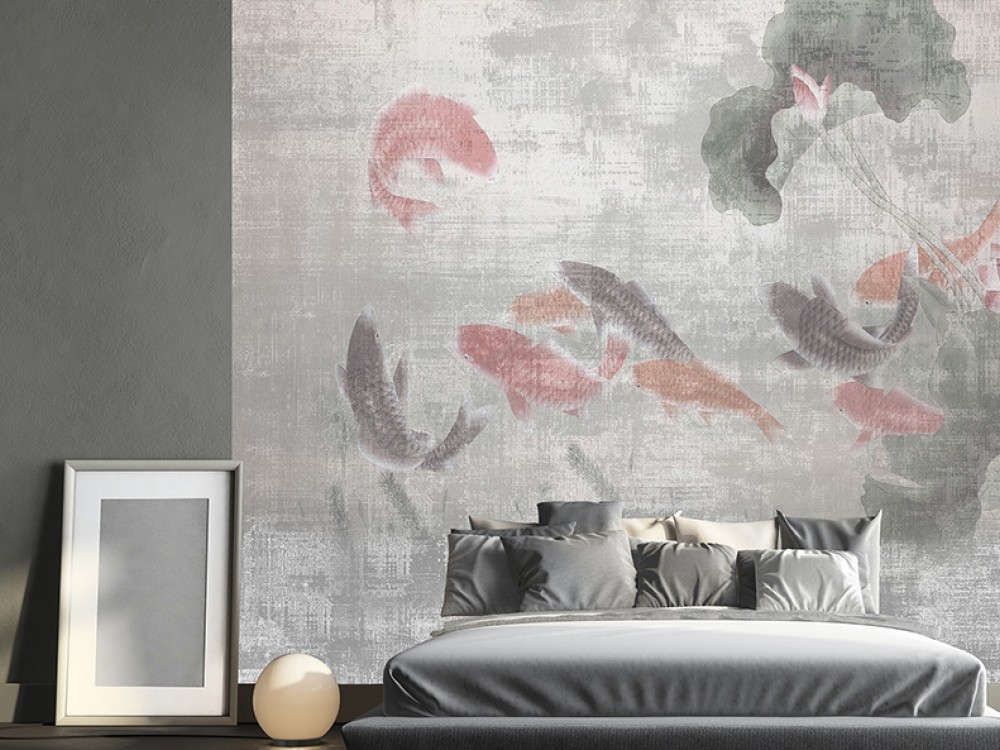 Eskitme Dokulu Japon Koi Balıkları ve Lotus Temalı Duvar Kağıdı