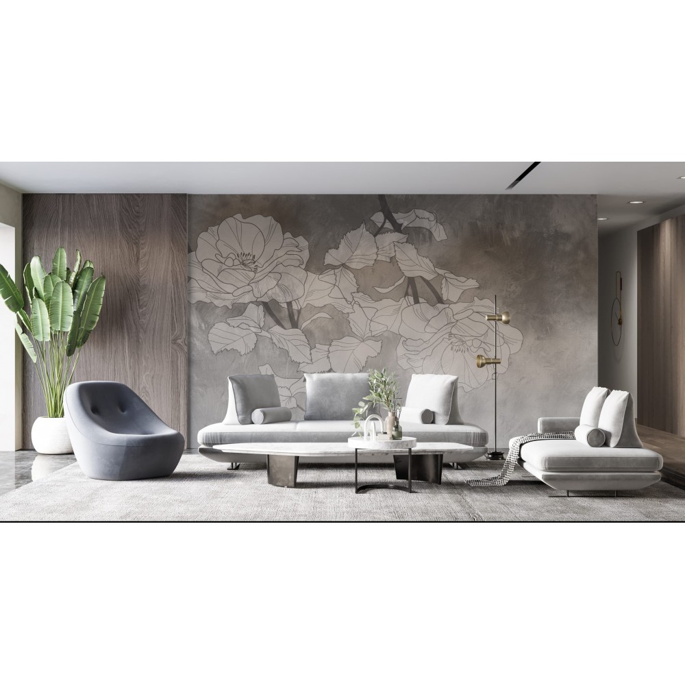 Füme Beton Dokulu ve Minimalist Gül Desenli Duvar Kağıdı
