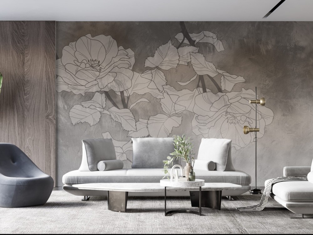 Füme Beton Dokulu ve Minimalist Gül Desenli Duvar Kağıdı