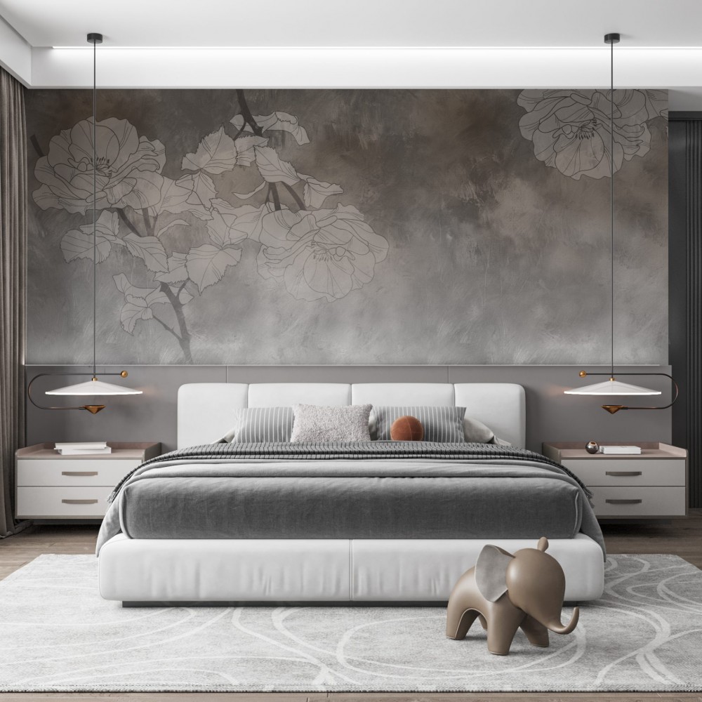 Füme Beton Dokulu ve Minimalist Gül Desenli Duvar Kağıdı