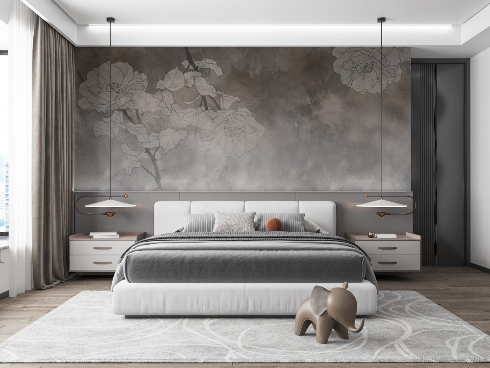 Füme Beton Dokulu ve Minimalist Gül Desenli Duvar Kağıdı