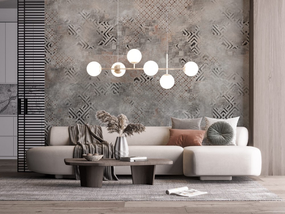 Eskitme Beton Dokulu ve Geometrik Etnik Motifli Duvar Kağıdı