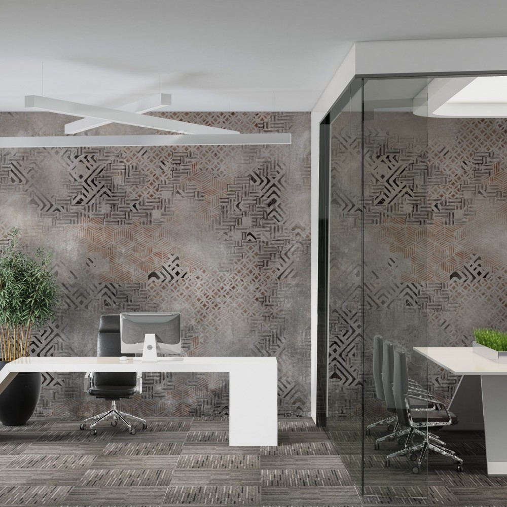 Eskitme Beton Dokulu ve Geometrik Etnik Motifli Duvar Kağıdı