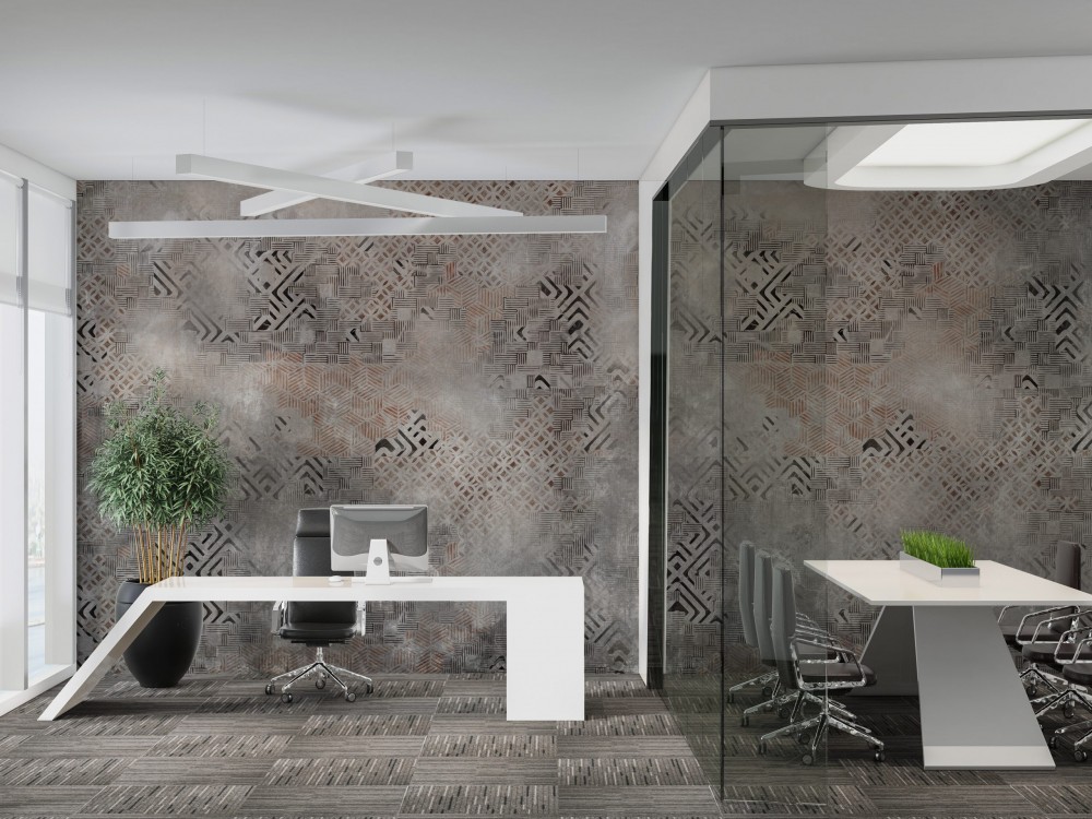 Eskitme Beton Dokulu ve Geometrik Etnik Motifli Duvar Kağıdı