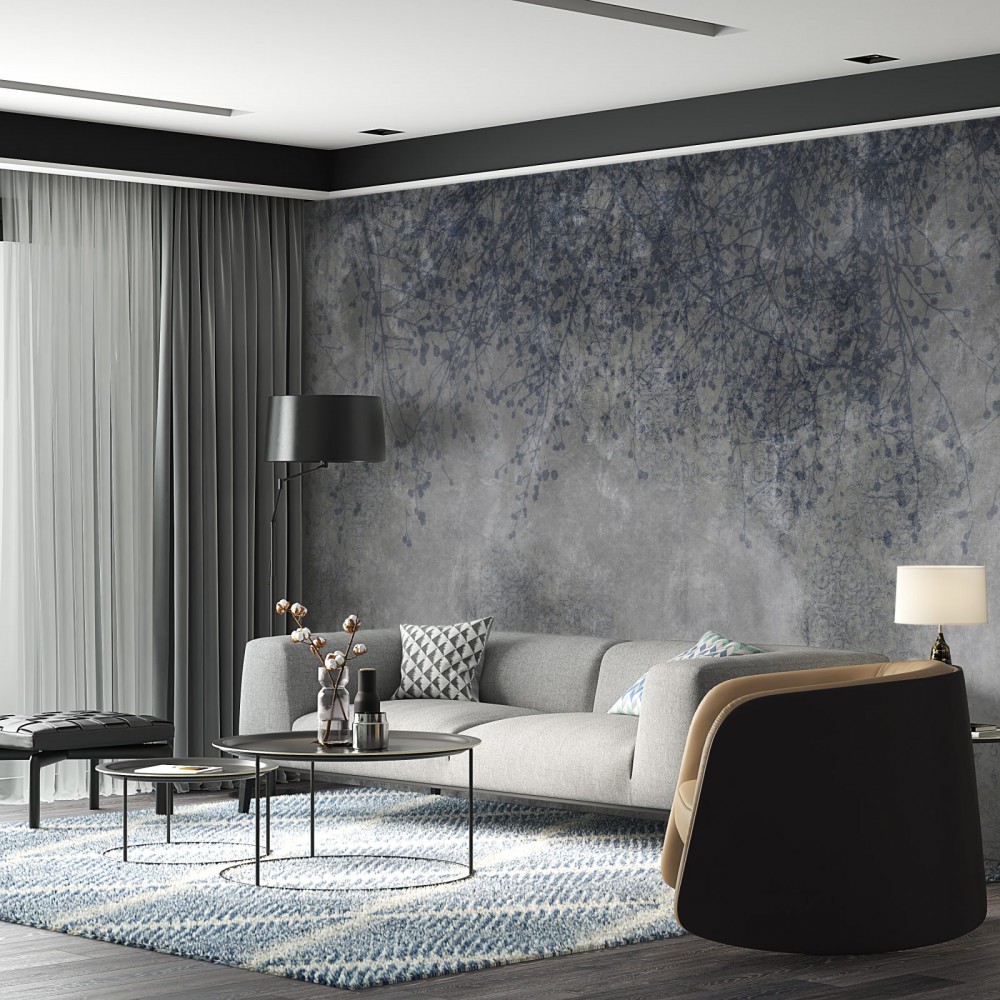 Füme Beton Dokulu ve Sanatsal Salkım Söğüt Desenli Duvar Kağıdı