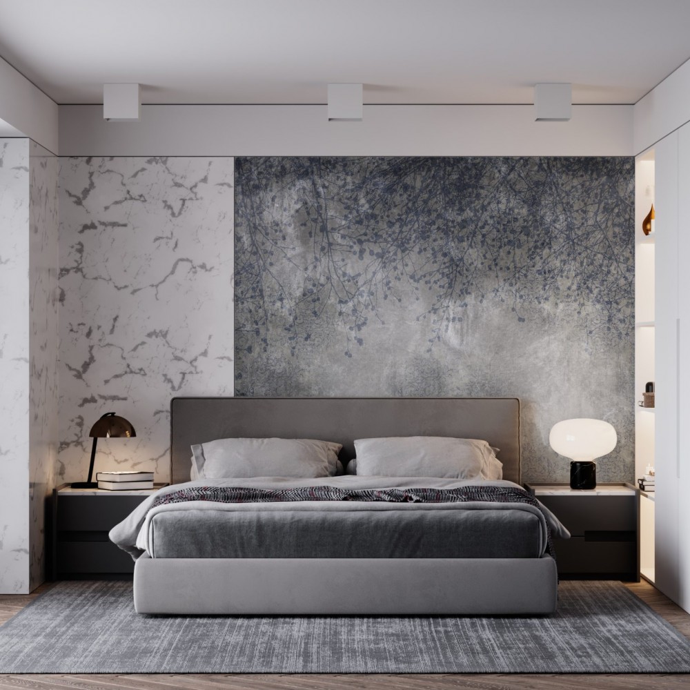 Füme Beton Dokulu ve Sanatsal Salkım Söğüt Desenli Duvar Kağıdı