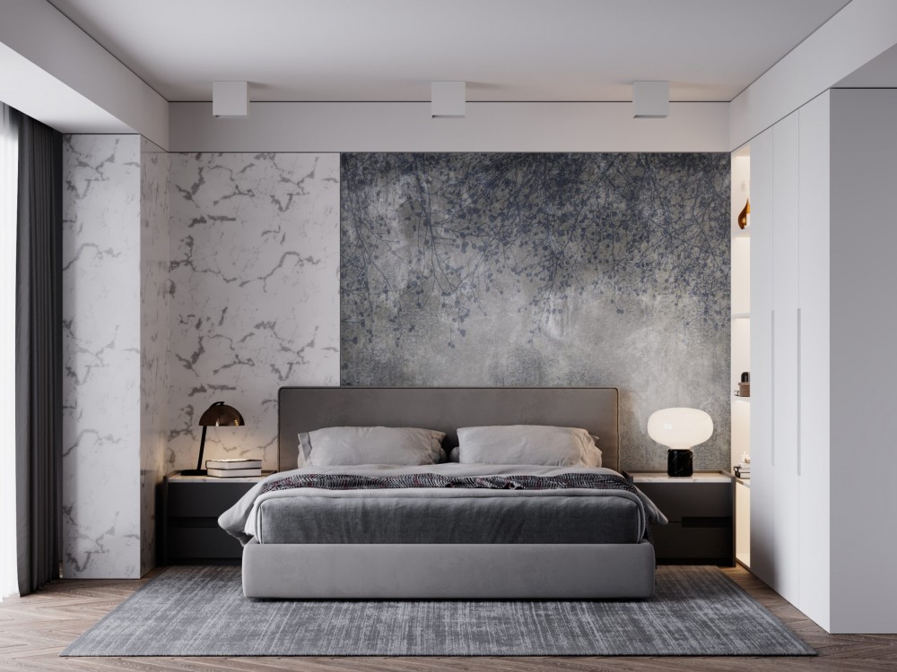 Füme Beton Dokulu ve Sanatsal Salkım Söğüt Desenli Duvar Kağıdı