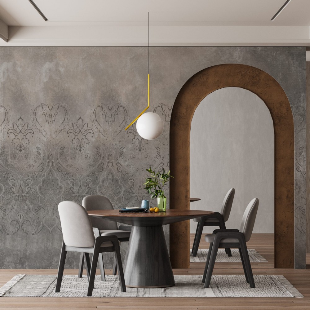 Füme Beton Dokulu ve Klasik Damask Motifli Duvar Kağıdı