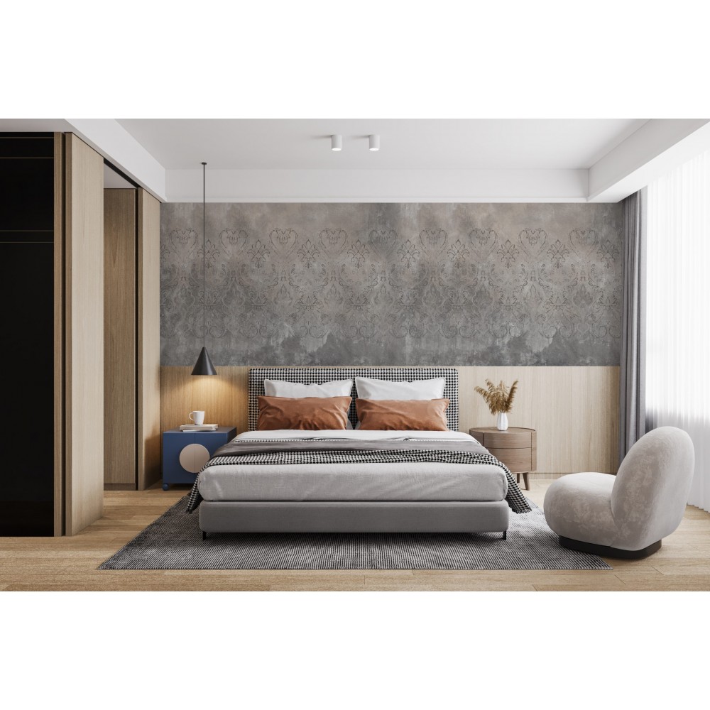 Füme Beton Dokulu ve Klasik Damask Motifli Duvar Kağıdı