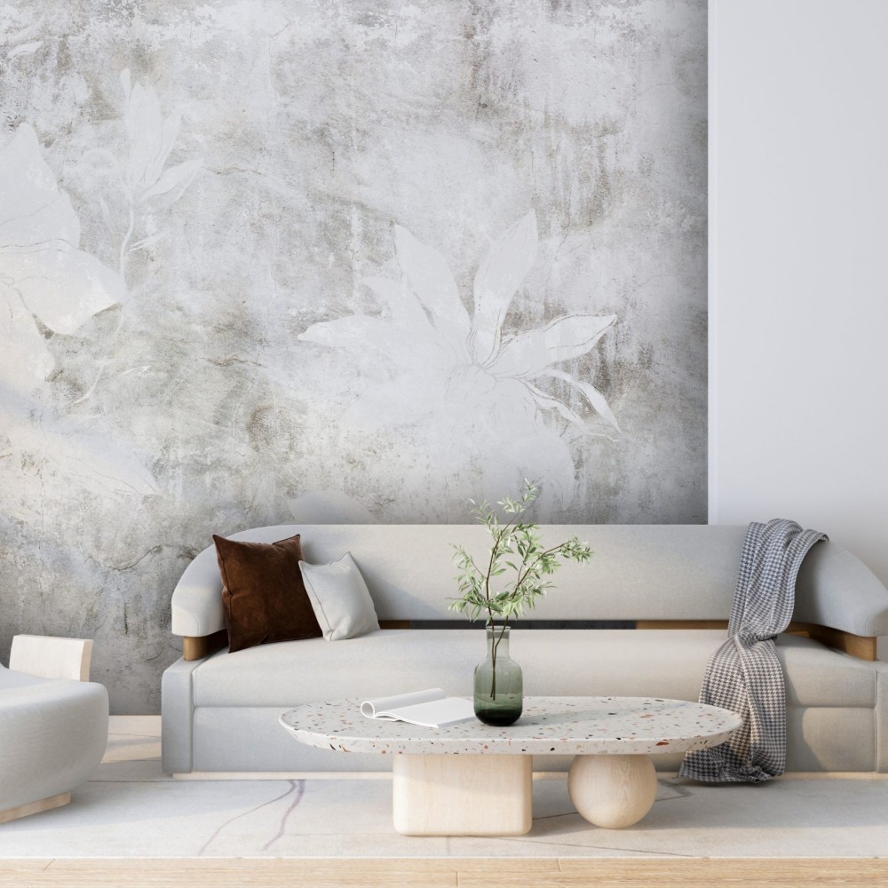 Açık Gri Beton Dokulu ve Beyaz Kontur Çiçekli Duvar Kağıdı