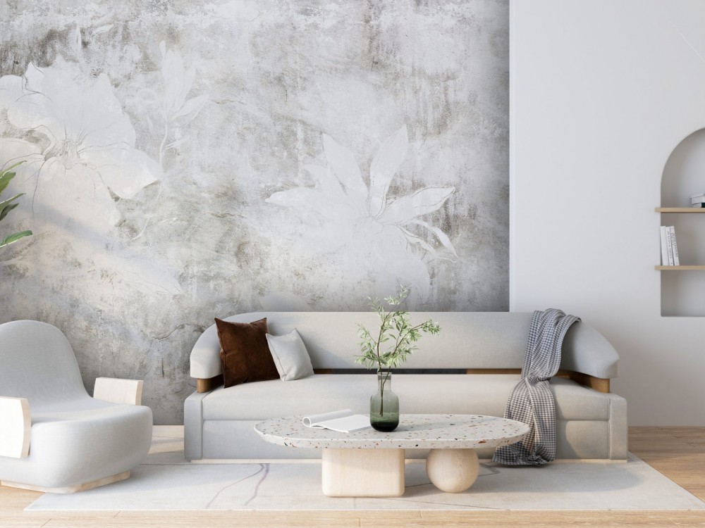 Açık Gri Beton Dokulu ve Beyaz Kontur Çiçekli Duvar Kağıdı