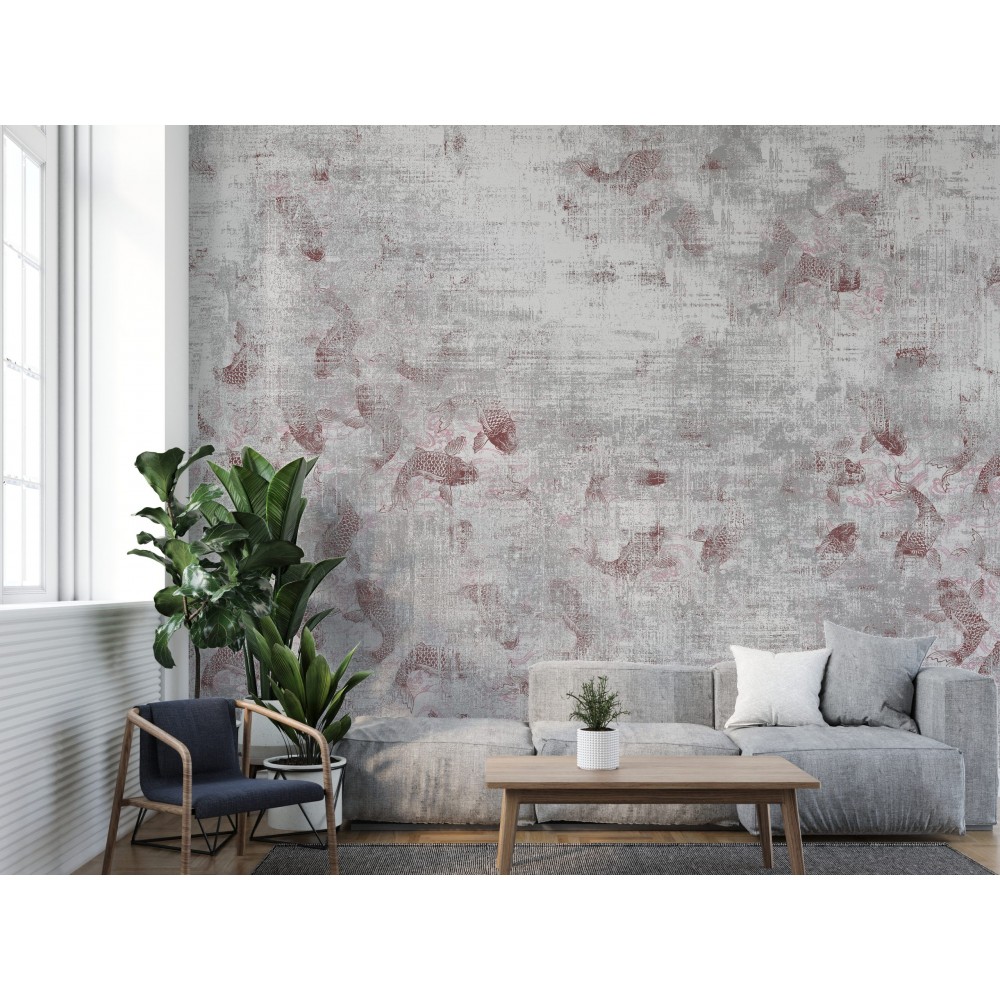 Gri Beton Dokulu ve Bordo Renkli Koi Balığı Desenli Duvar Kağıdı