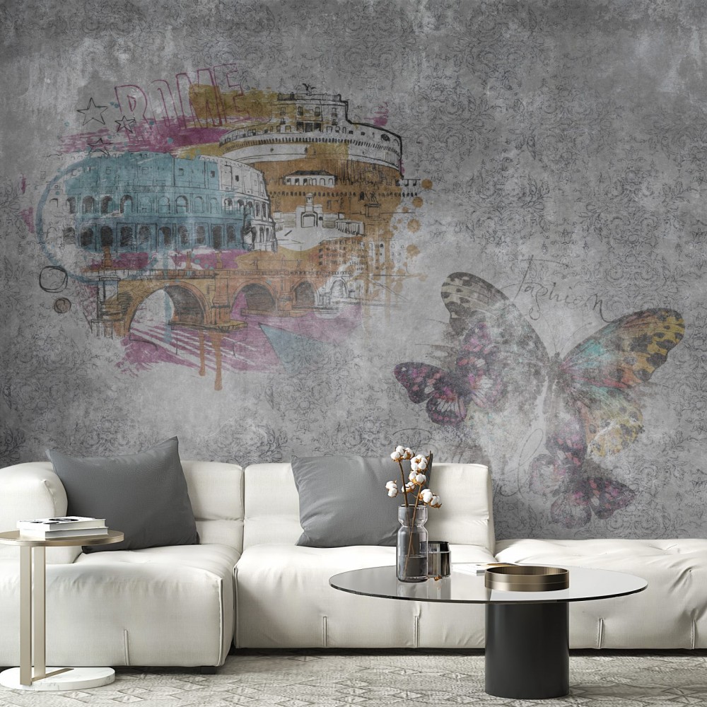 Roma Kolezyum ve Kelebek Figürlü Eskitme Beton Duvar Kağıdı