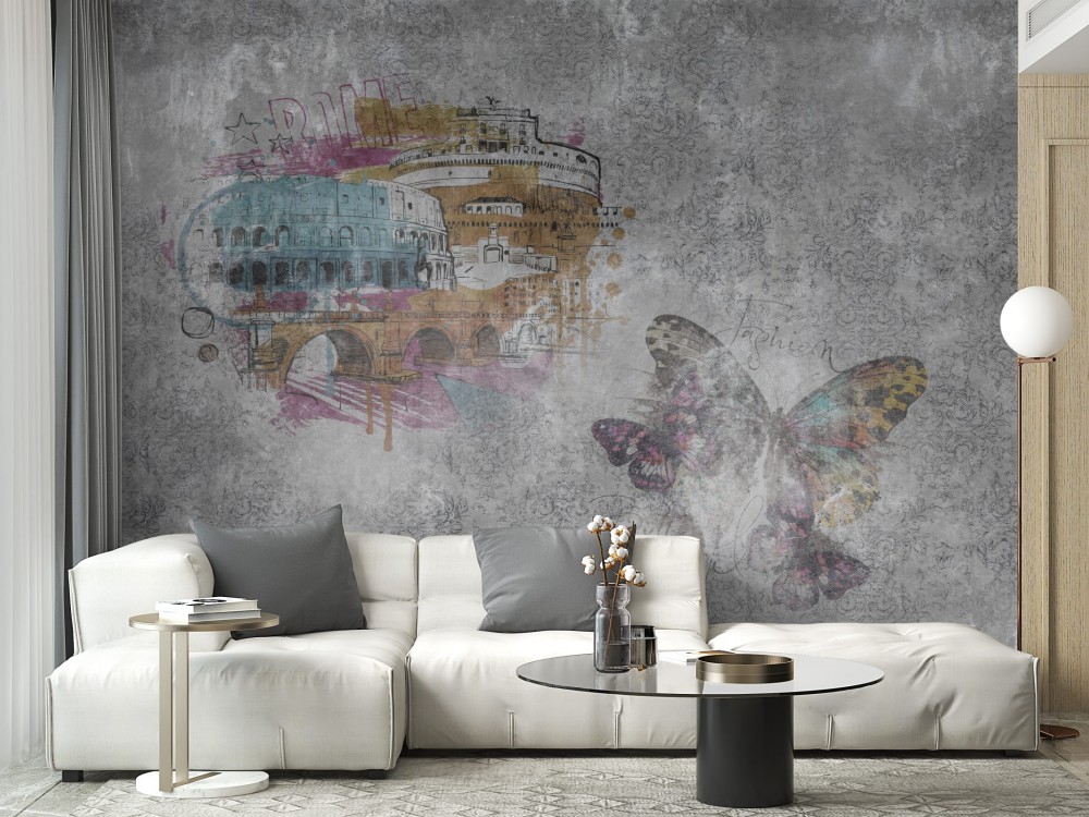 Roma Kolezyum ve Kelebek Figürlü Eskitme Beton Duvar Kağıdı