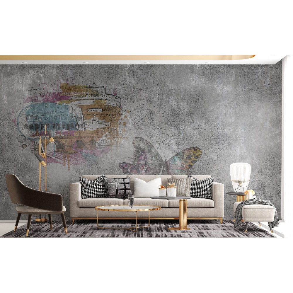Roma Kolezyum ve Kelebek Figürlü Eskitme Beton Duvar Kağıdı