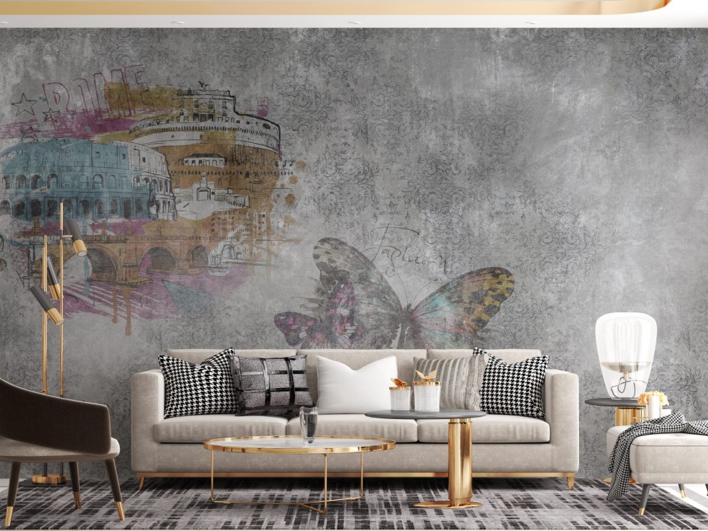 Roma Kolezyum ve Kelebek Figürlü Eskitme Beton Duvar Kağıdı