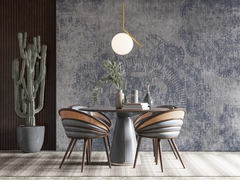 Gri-Mavi Eskitme Beton Dokulu ve Büyük Mandala Desenli Duvar Kağıdı
