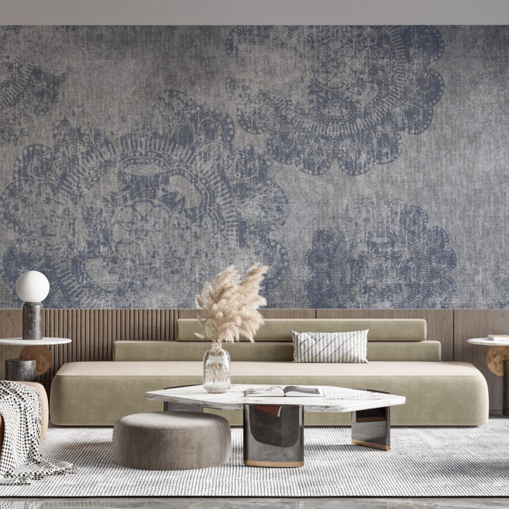 Gri-Mavi Eskitme Beton Dokulu ve Büyük Mandala Desenli Duvar Kağıdı