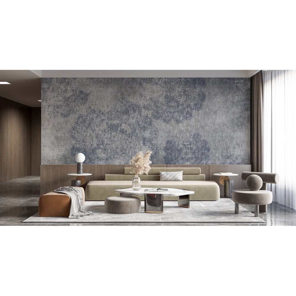 Gri-Mavi Eskitme Beton Dokulu ve Büyük Mandala Desenli Duvar Kağıdı