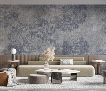 Gri-Mavi Eskitme Beton Dokulu ve Büyük Mandala Desenli Duvar Kağıdı