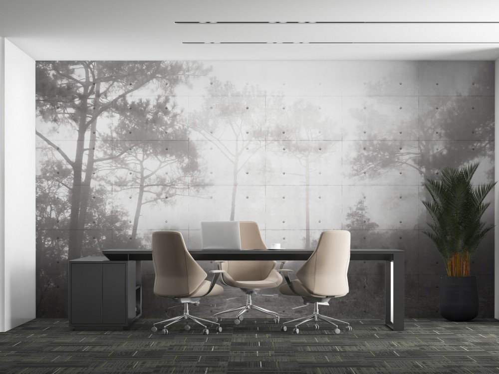 Beton Panel Görünümlü ve Puslu Ağaç Desenli Duvar Kağıdı