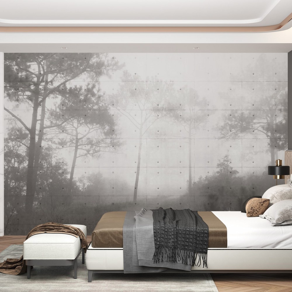 Beton Panel Görünümlü ve Puslu Ağaç Desenli Duvar Kağıdı