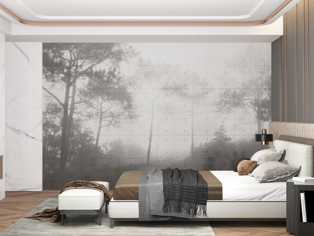 Beton Panel Görünümlü ve Puslu Ağaç Desenli Duvar Kağıdı