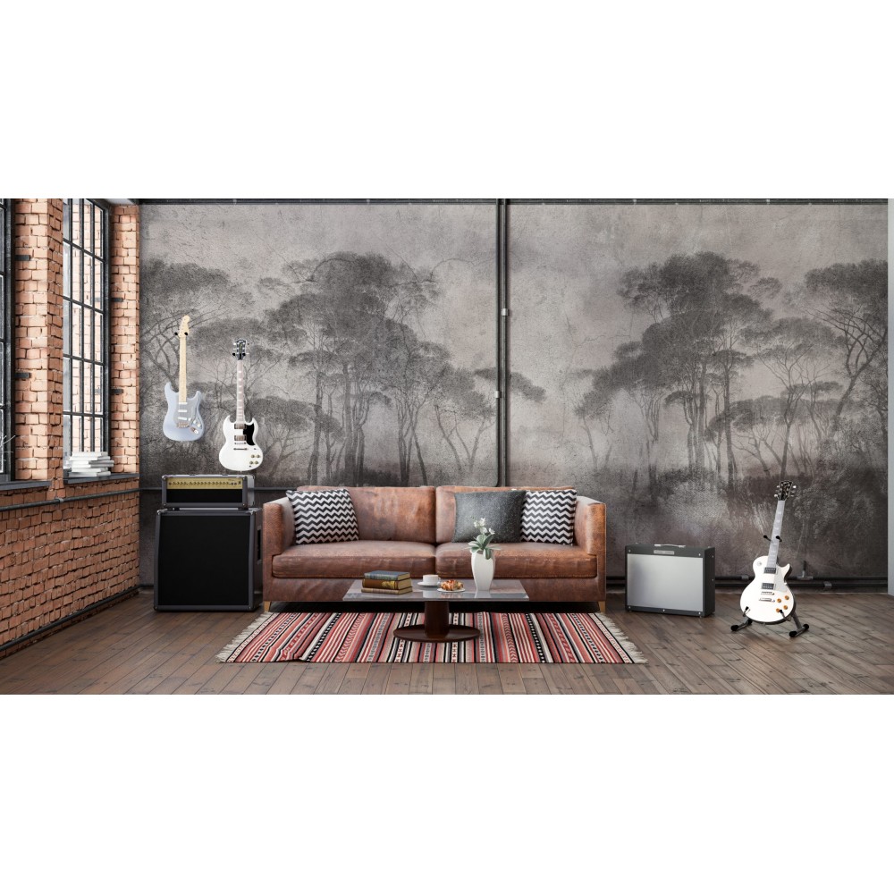 Füme Beton Dokulu ve Sisli Orman Manzaralı Duvar Kağıdı