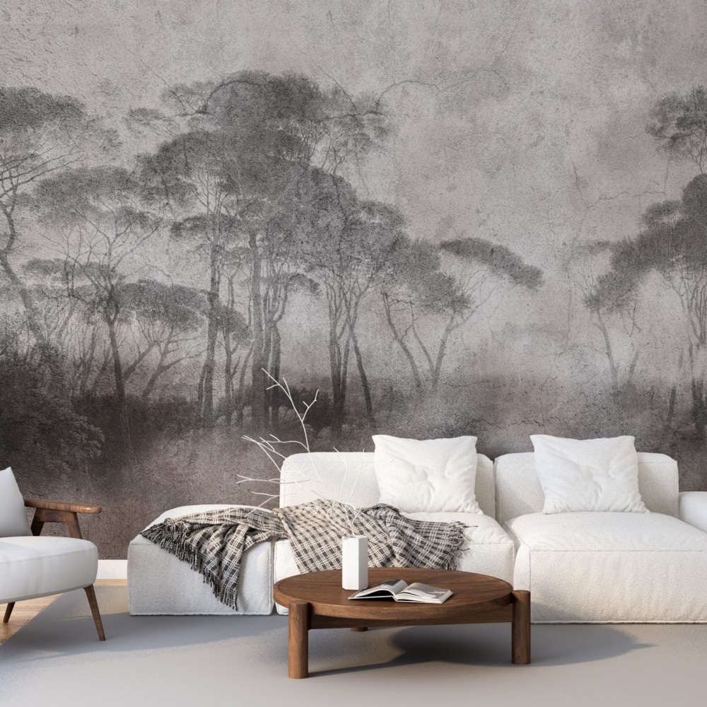 Füme Beton Dokulu ve Sisli Orman Manzaralı Duvar Kağıdı