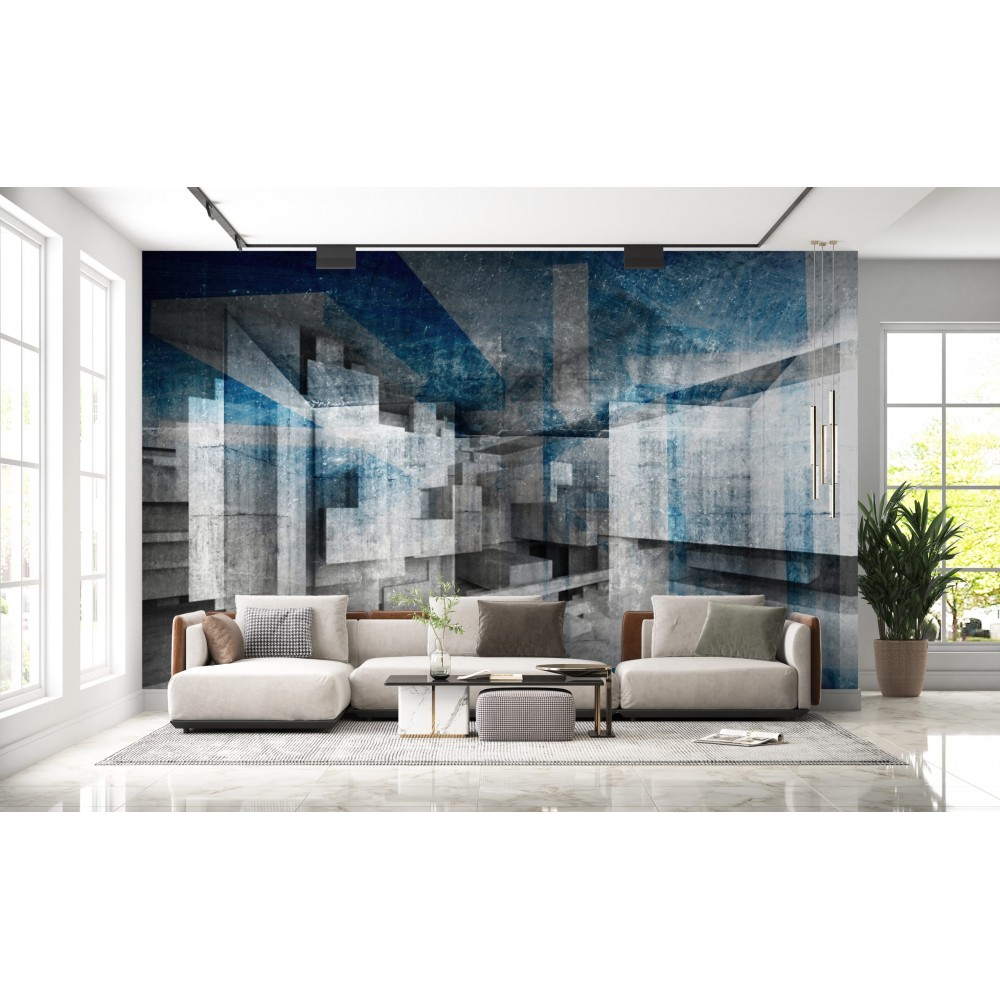 Modern 3D Geometrik Beton Bloklar ve Mavi Işık Efektli Duvar Kağıdı