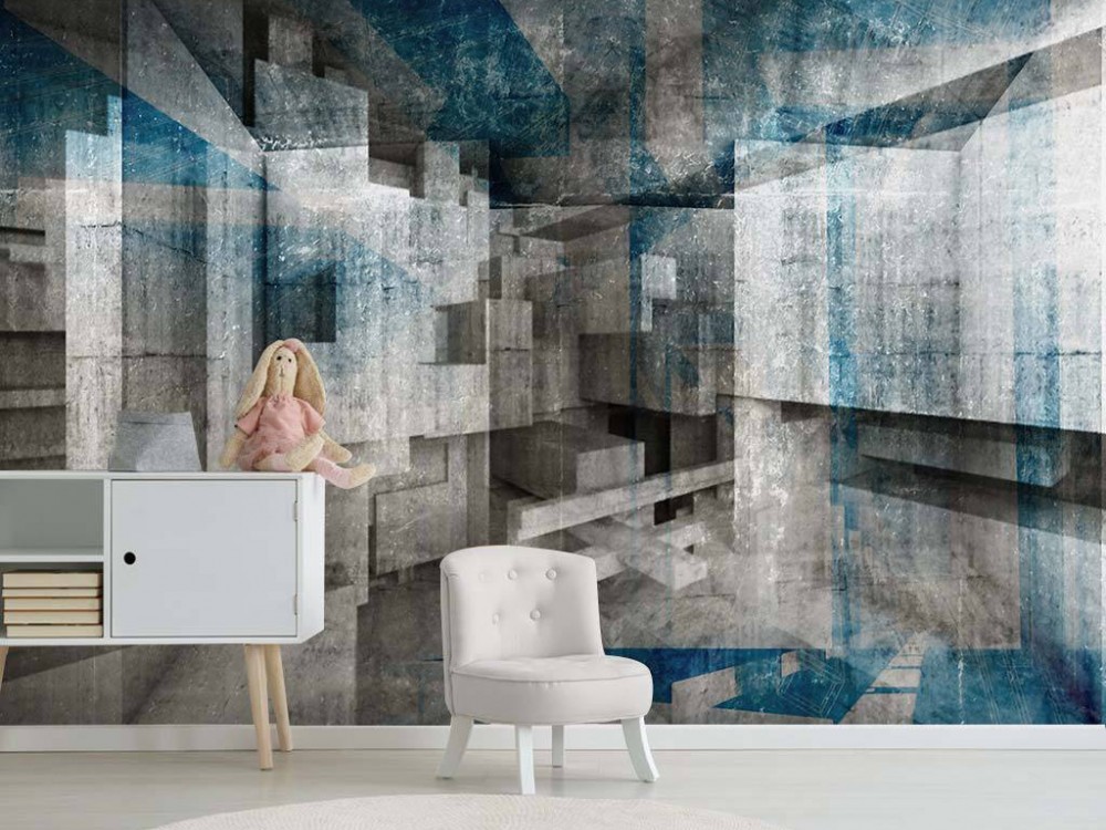 Modern 3D Geometrik Beton Bloklar ve Mavi Işık Efektli Duvar Kağıdı