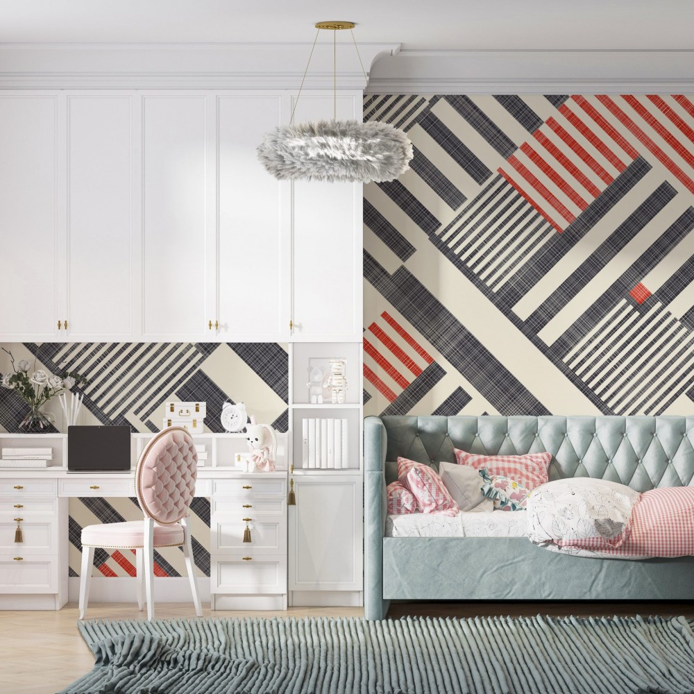 Modern Asimetrik Geometrik Çizgili ve Kırmızı Vurgulu Genç Odası Duvar Kağıdı