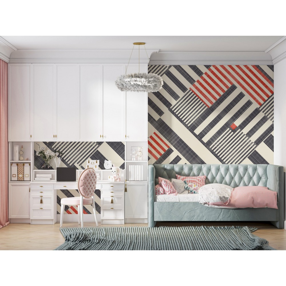 Modern Asimetrik Geometrik Çizgili ve Kırmızı Vurgulu Genç Odası Duvar Kağıdı
