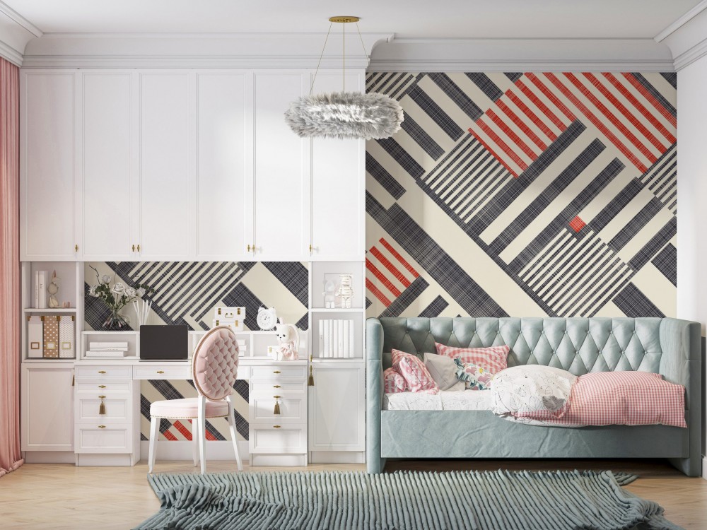 Modern Asimetrik Geometrik Çizgili ve Kırmızı Vurgulu Genç Odası Duvar Kağıdı