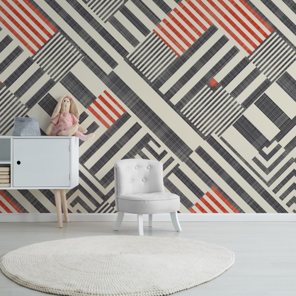 Modern Asimetrik Geometrik Çizgili ve Kırmızı Vurgulu Genç Odası Duvar Kağıdı
