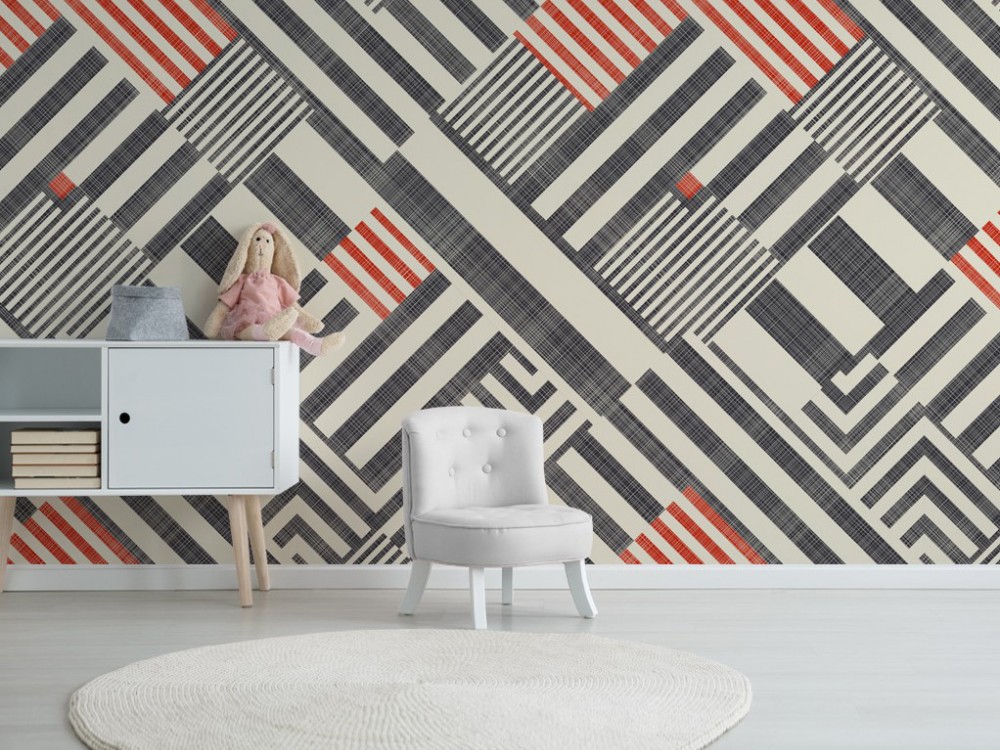 Modern Asimetrik Geometrik Çizgili ve Kırmızı Vurgulu Genç Odası Duvar Kağıdı