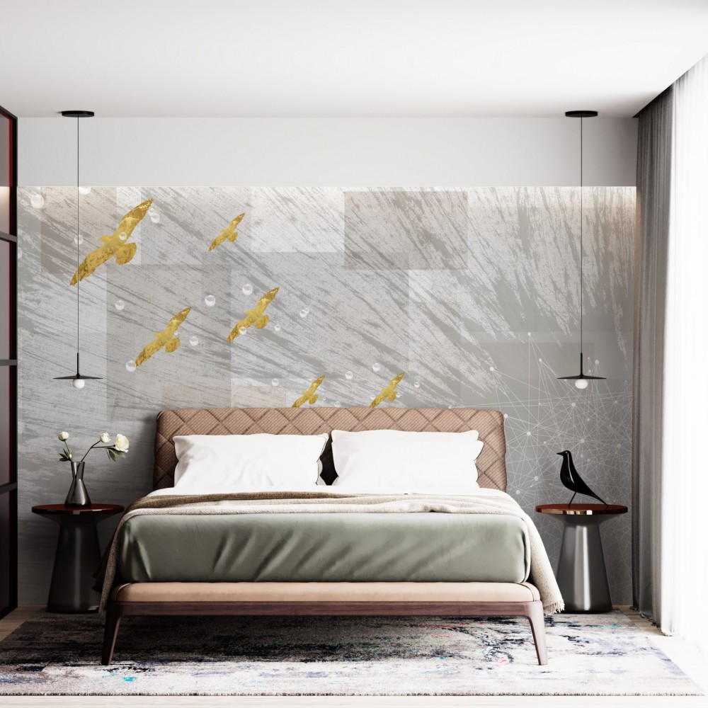Geometrik Geçişli ve Gold Kuş İllüstrasyonlu Sanatsal Duvar Kağıdı