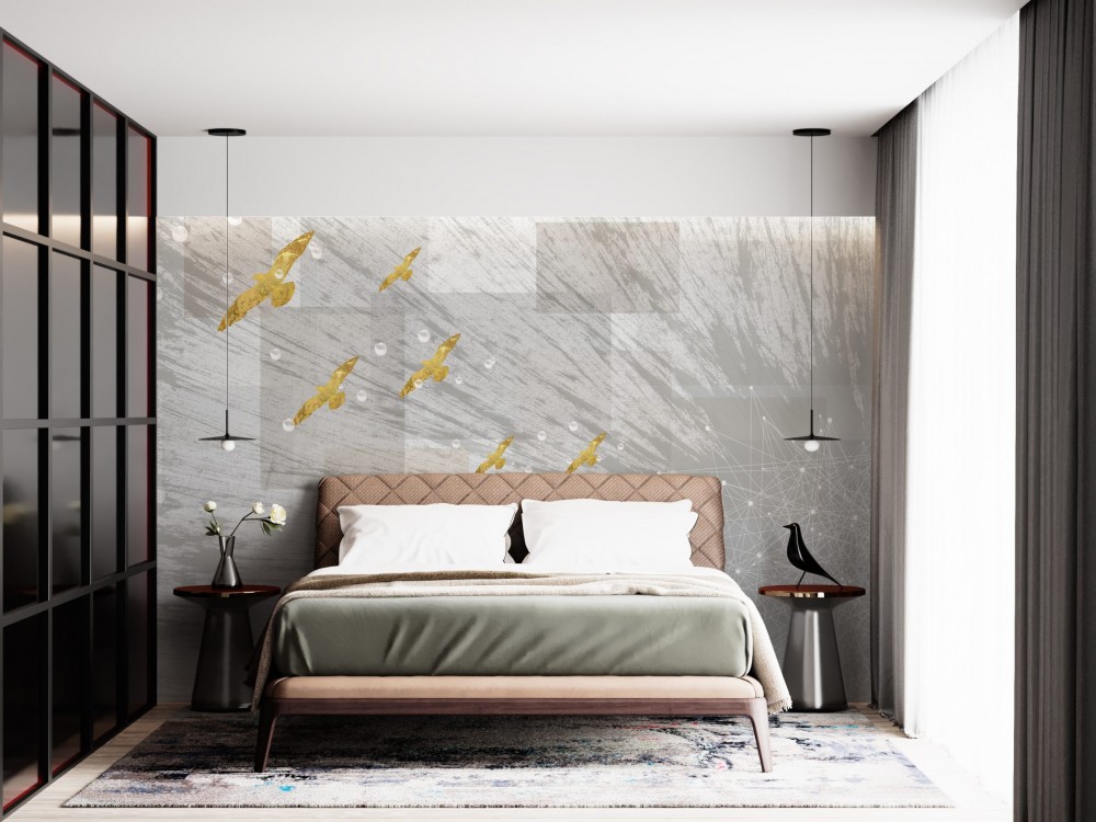 Geometrik Geçişli ve Gold Kuş İllüstrasyonlu Sanatsal Duvar Kağıdı