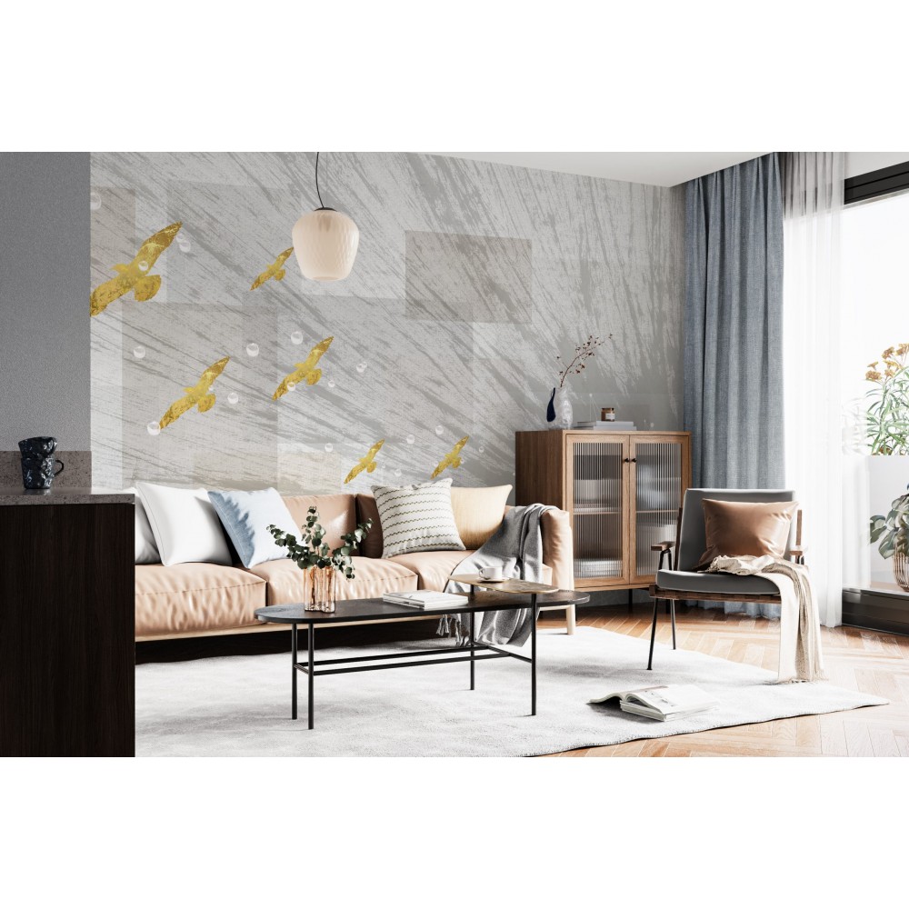 Geometrik Geçişli ve Gold Kuş İllüstrasyonlu Sanatsal Duvar Kağıdı