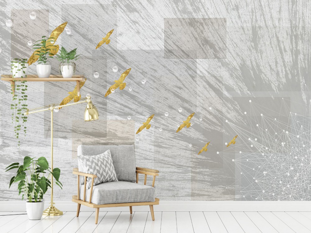 Geometrik Geçişli ve Gold Kuş İllüstrasyonlu Sanatsal Duvar Kağıdı