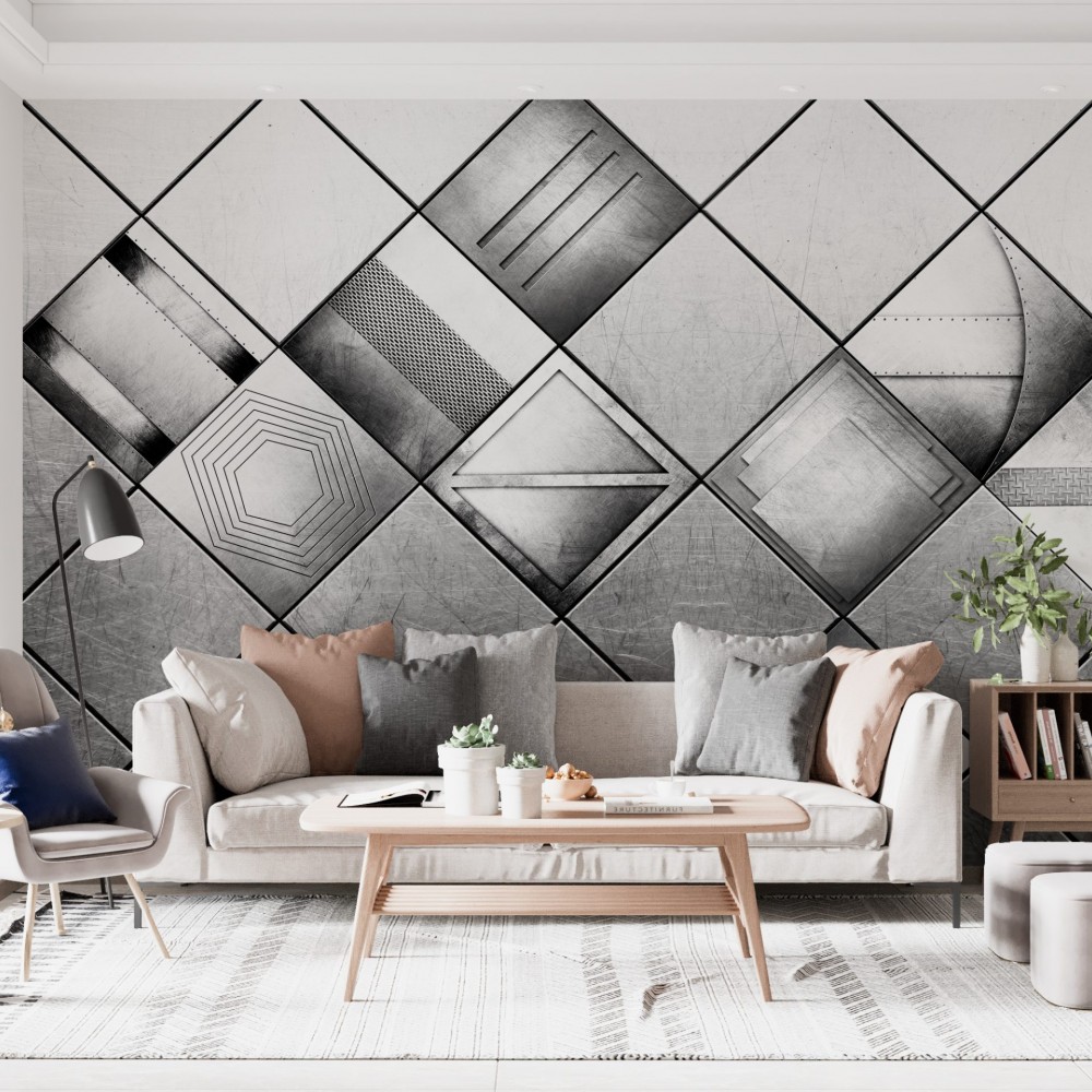 Endüstriyel Metal Plaka Görünümlü ve Geometrik 3D Duvar Kağıdı