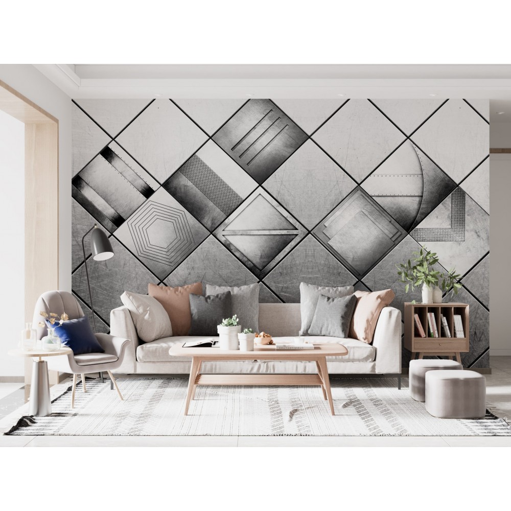 Endüstriyel Metal Plaka Görünümlü ve Geometrik 3D Duvar Kağıdı